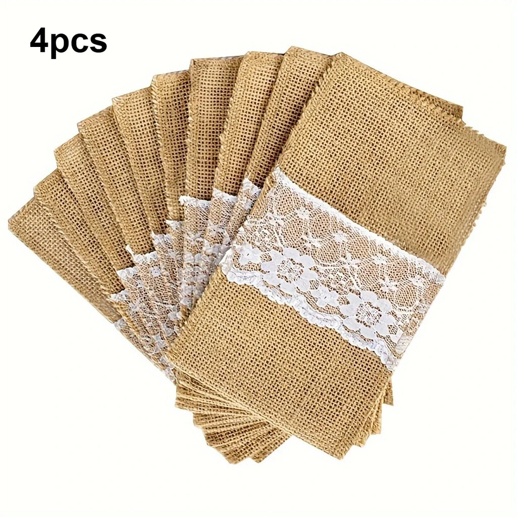 Burlap Lace Cutlery Bags Napkin Holder – Wedding & Party Napkin Cutlery Holder Qme 4pcs