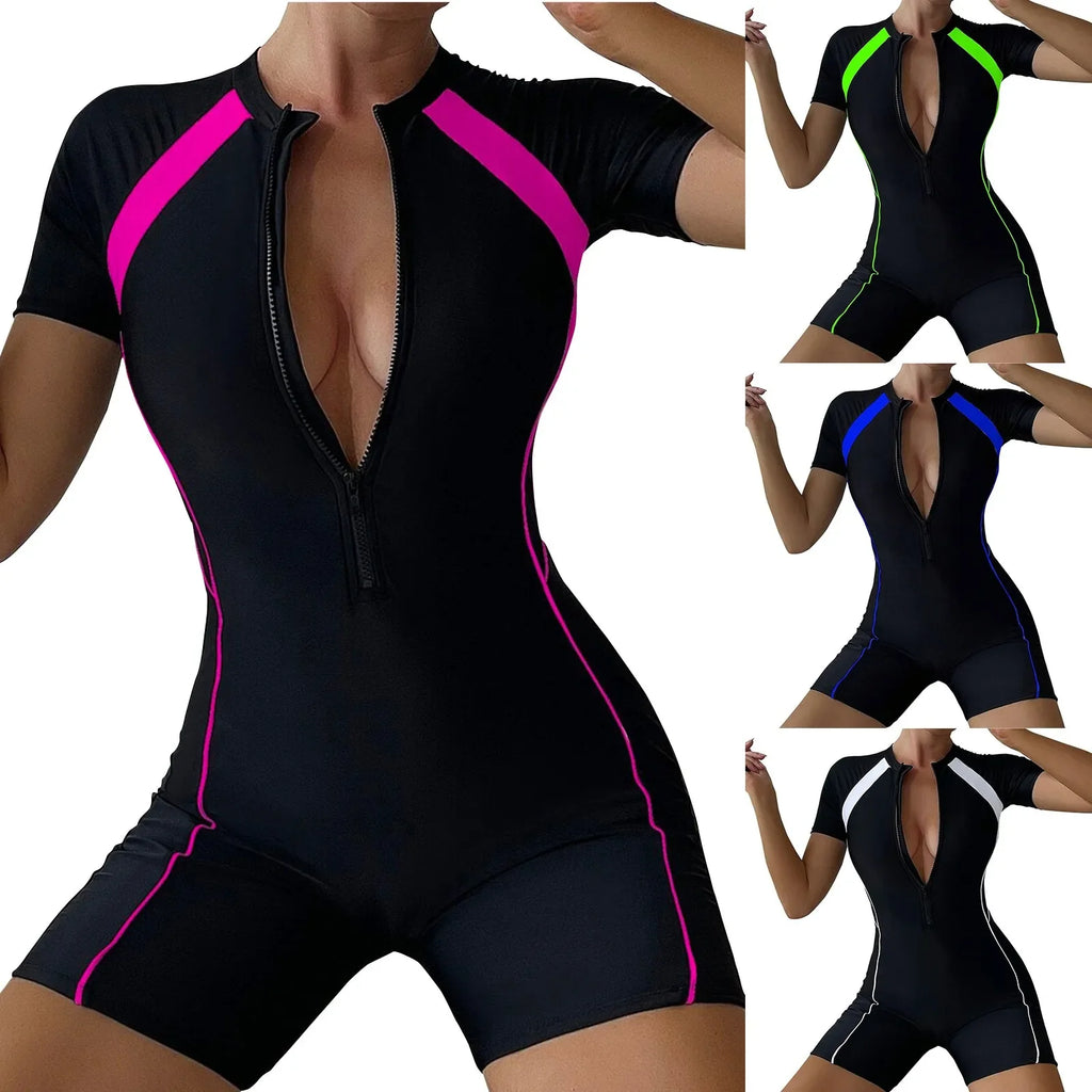 Women's One-Piece Patchwork Swimsuit | Short Sleeve Quick-Dry One-Piece Swimsuit Qme