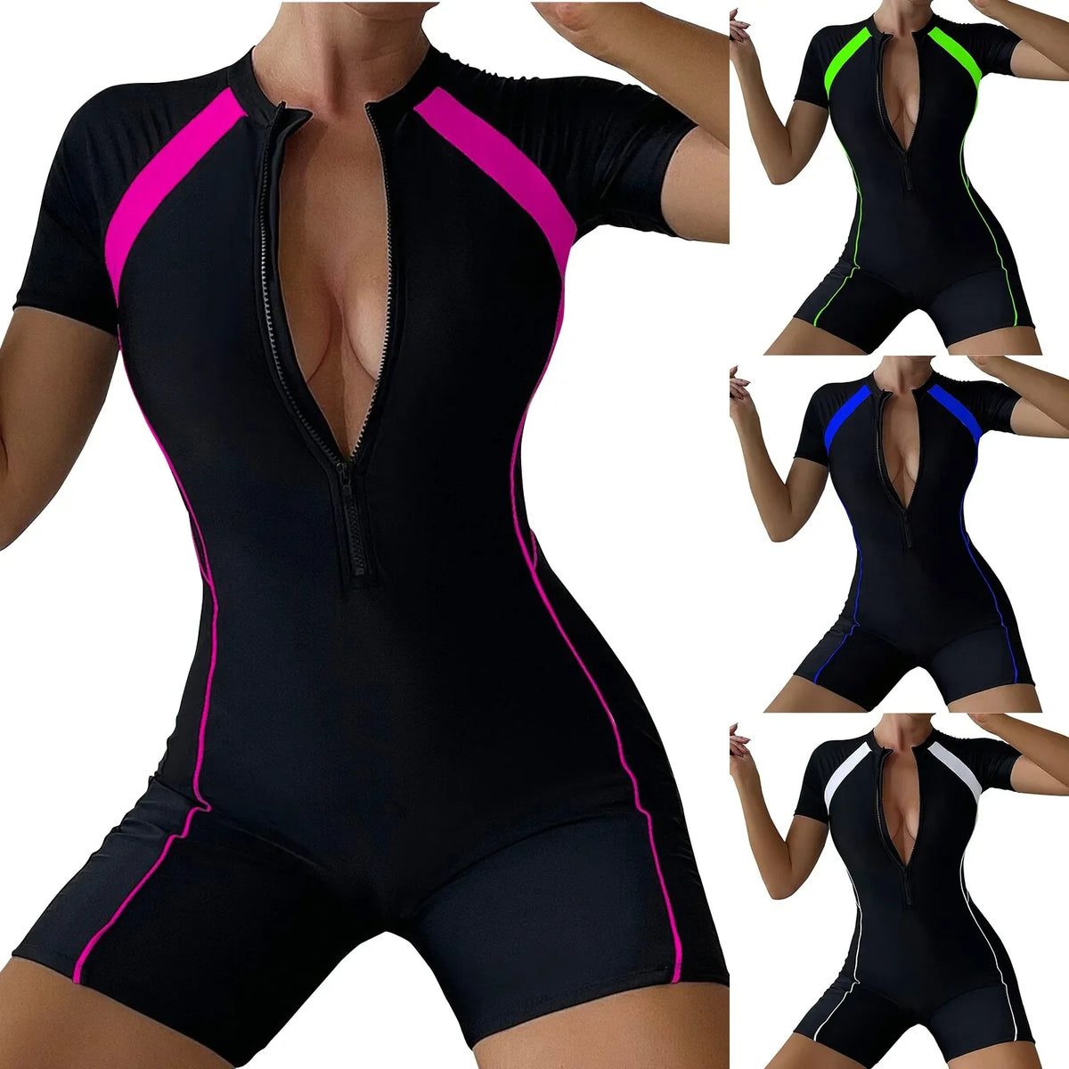 Women's One-Piece Patchwork Swimsuit | Short Sleeve Quick-Dry One-Piece Swimsuit Qme