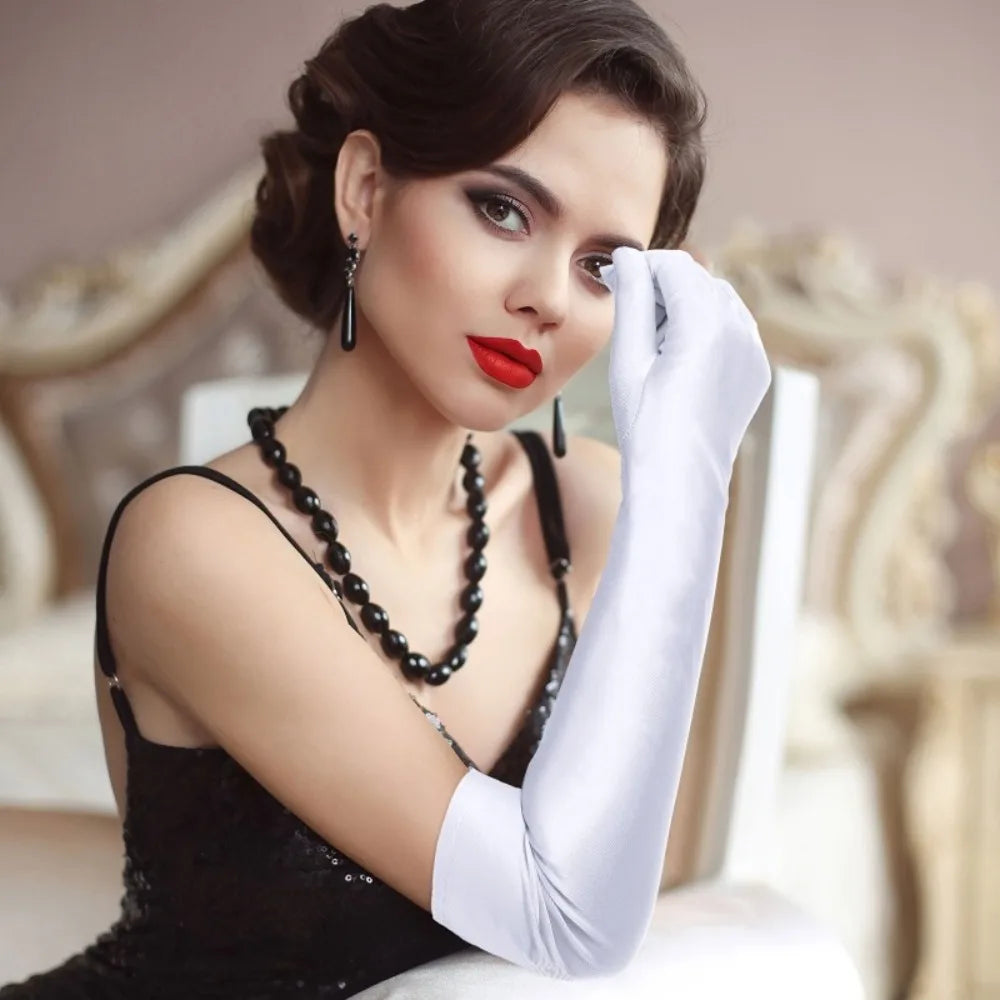 Women's White Satin Long Opera Gloves – Wedding & Costume Satin Opera Gloves Qme