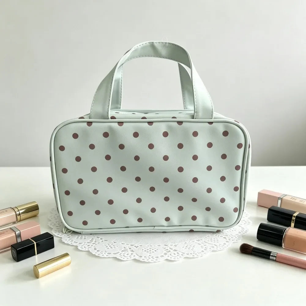 Korean Mint Green Polka Dot PU Leather Makeup Bag – Large Cosmetic Makeup Bag Qme
