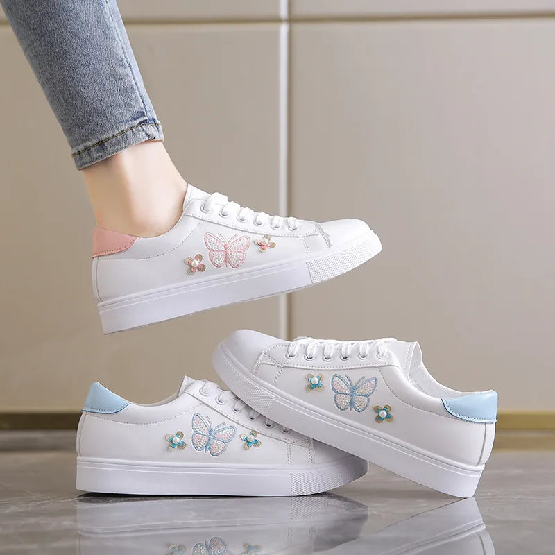 Women's White Lace-Up Flat Sneakers – Breathable Casual Shoes Women's Flat Sneakers Qst