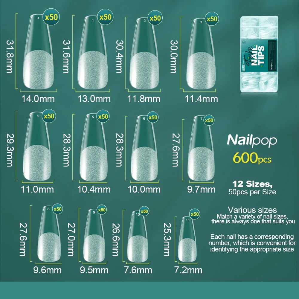 Nailpop 600pcs Clear False Nail Tips Full Cover 10 & 12 Sizes False Nail Tips Qme