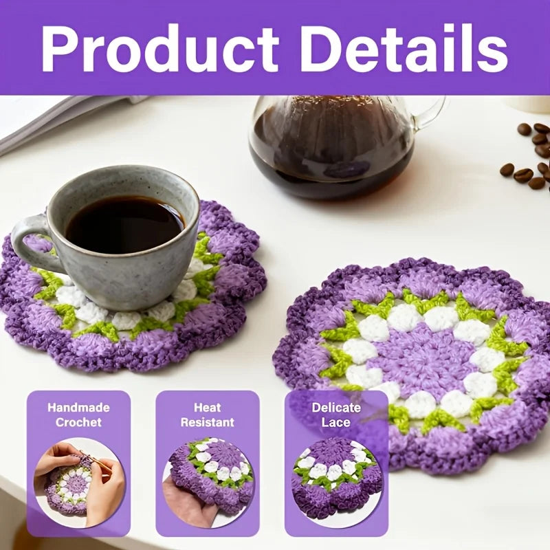 Handmade Crochet Flower Coaster – Purple Floral Knitted Cup Mat Crochet Cup Coaster Qme