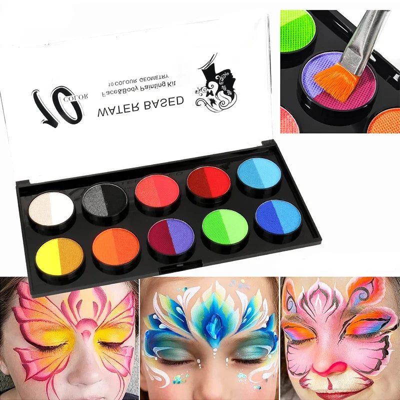 10-Grid Water-Soluble Face & Body Paint Crayons Set + Brush Face & Body Paint Set Qme