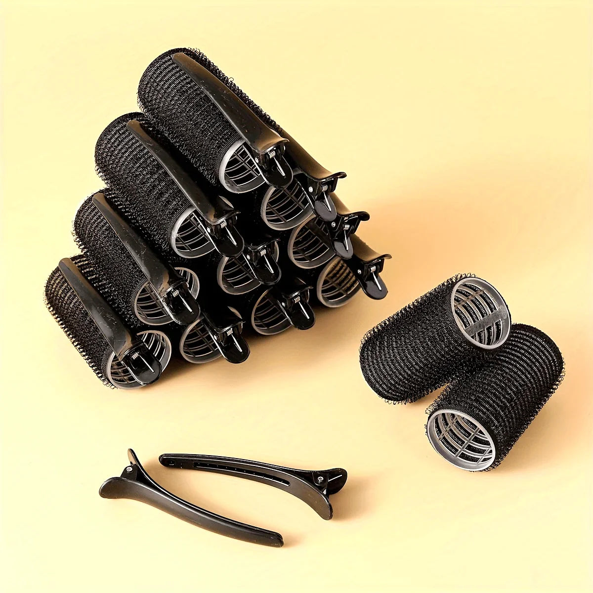Self-Grip Hair Curler Rollers & Clips Set – 12 Piece Hair Curler Rollers Qme black