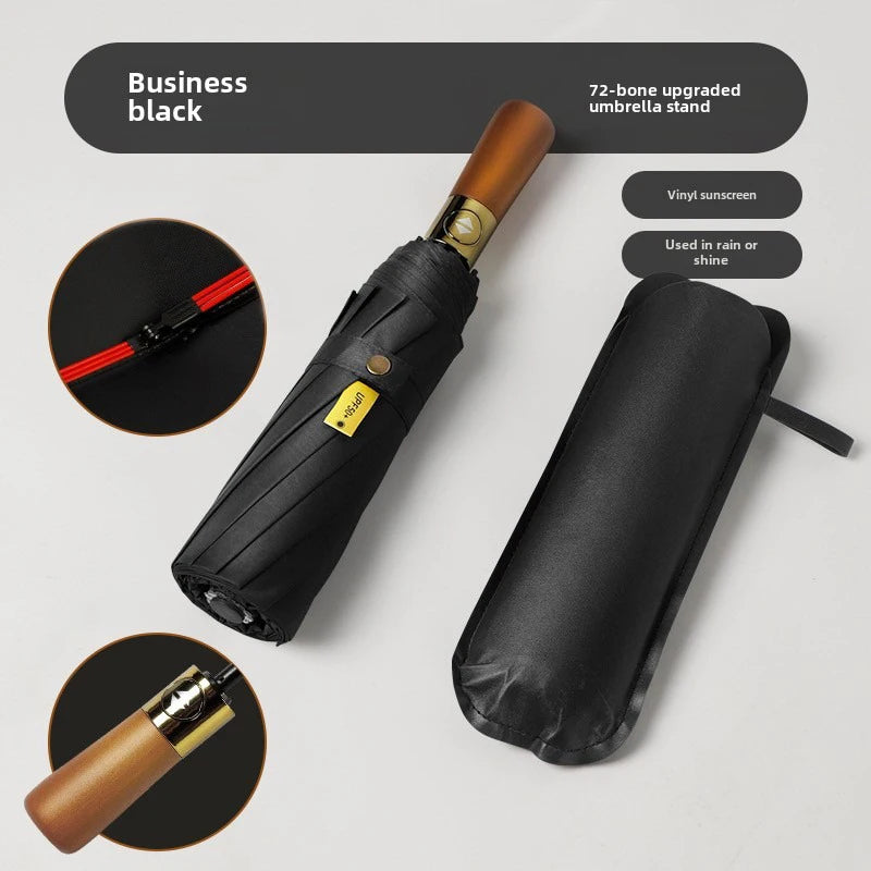 12-Rib Auto Folding Umbrella – Wind-Resistant Sun & Rain Folding Umbrella Qst black 12K Iron