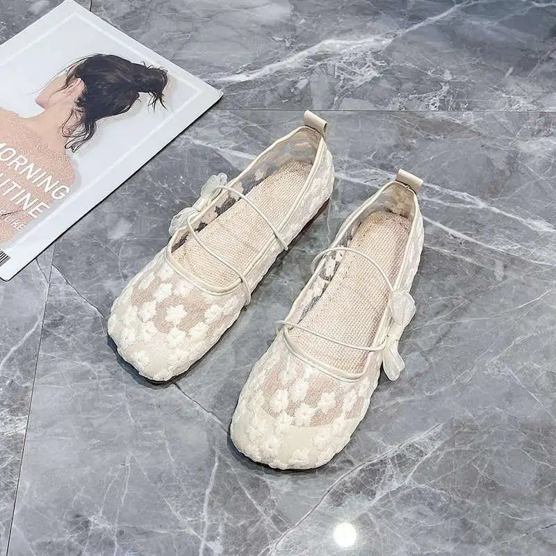 Women's Lace Embroidered Mesh Mary Jane Flats | Slip-On Loafers Women's Flat Loafers Qst Beige 35