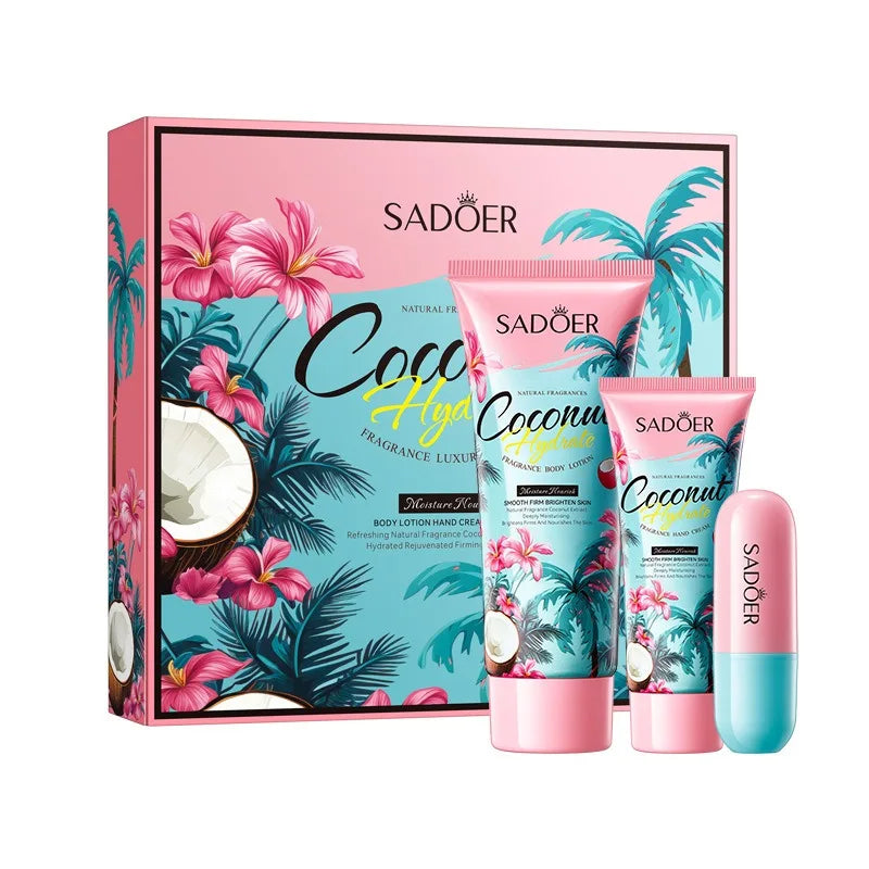 Coconut Gift Set – Hand Cream, Body Lotion & Lip Balm Skincare Gift Set Qst