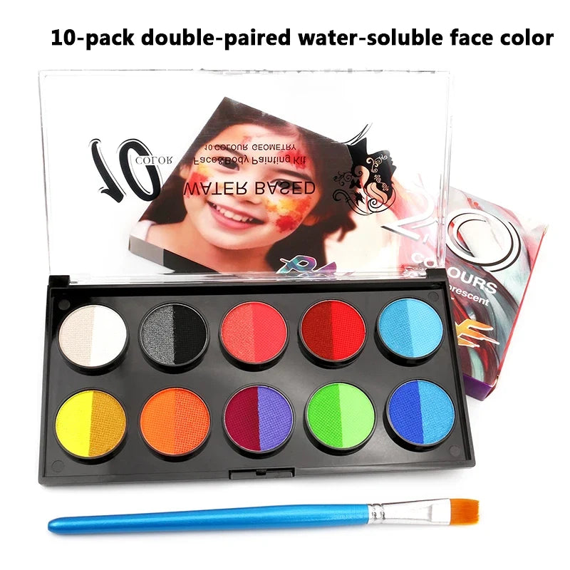 10-Grid Water-Soluble Face & Body Paint Crayons Set + Brush Face & Body Paint Set Qme
