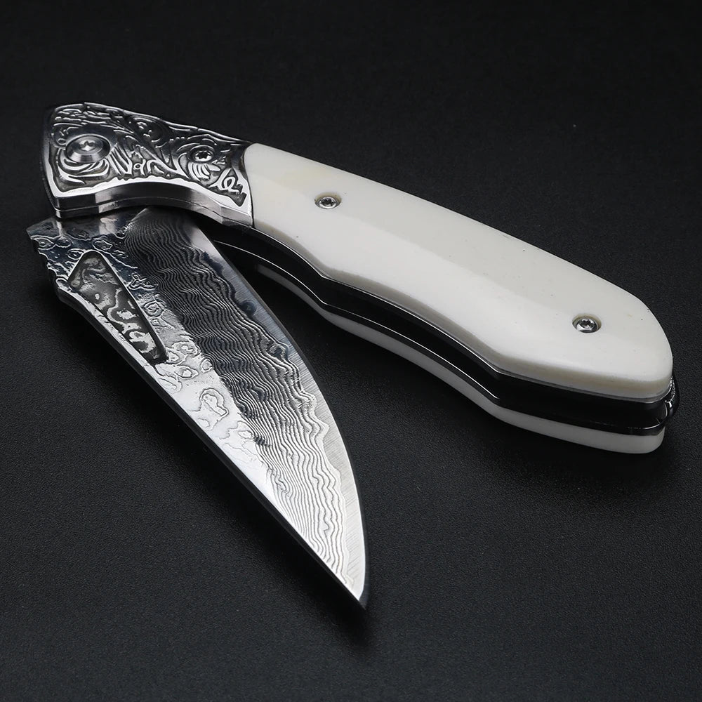 XUANFENG Damascus VG10 Folding Knife – Bull Bone Handle EDC Folding Pocket Knife Qst