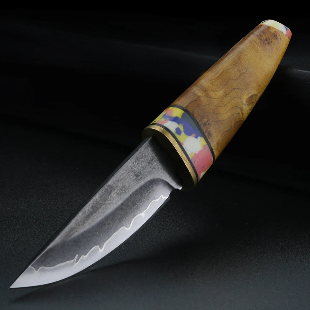XUAN FENG SKD-11 Damascus Fixed Blade Knife – Wood Handle Fixed Blade Knife Qst