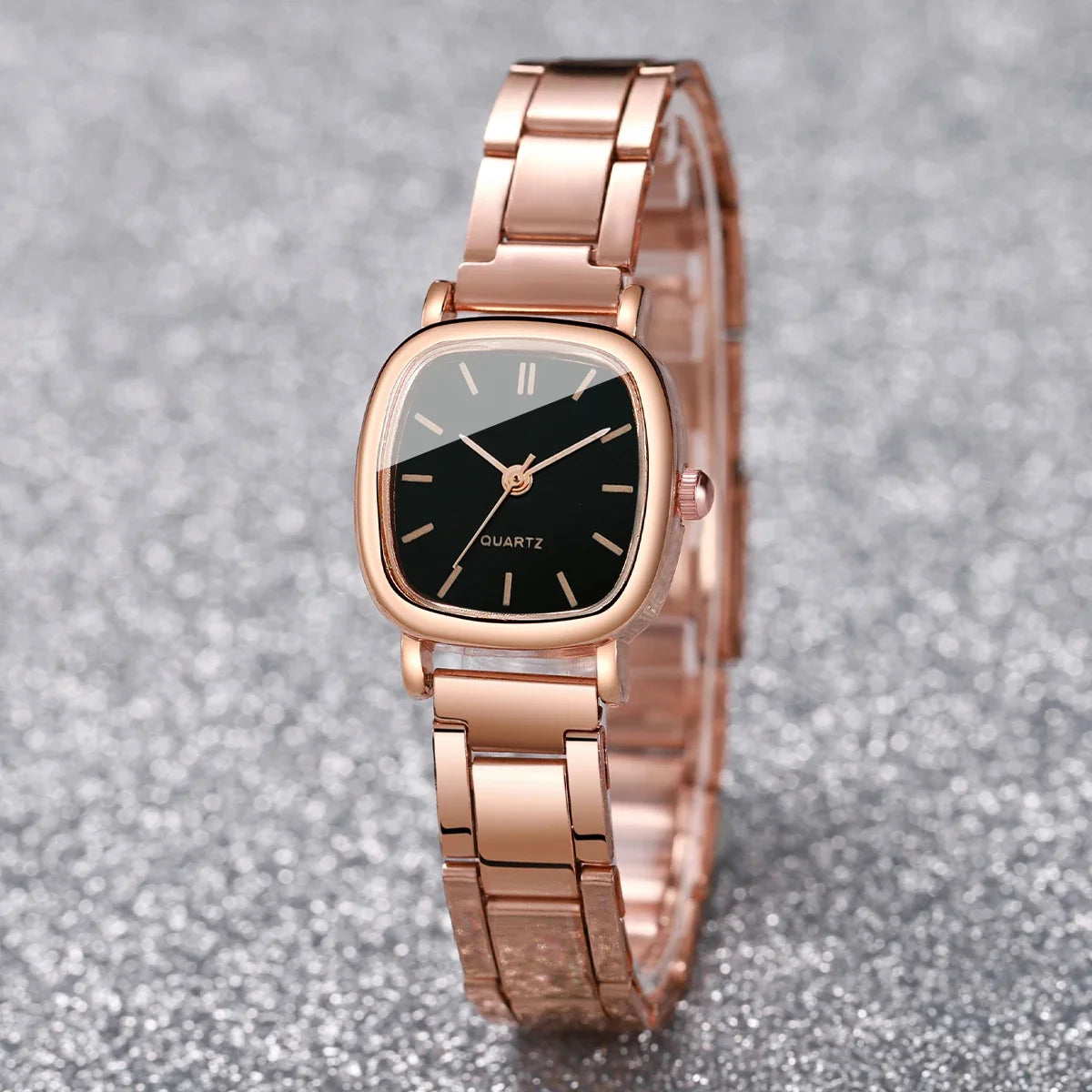 Rose Gold Square Quartz Watch & Heart Bracelet Set | Elegant Watch Bracelet Set Qme