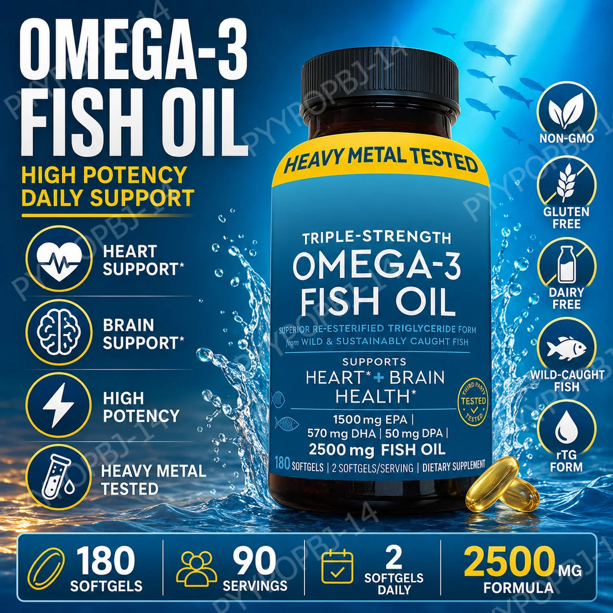 Omega-3 Fish Oil 2500mg Softgels | EPA DHA DPA | 180 Count Omega-3 Supplement Qst