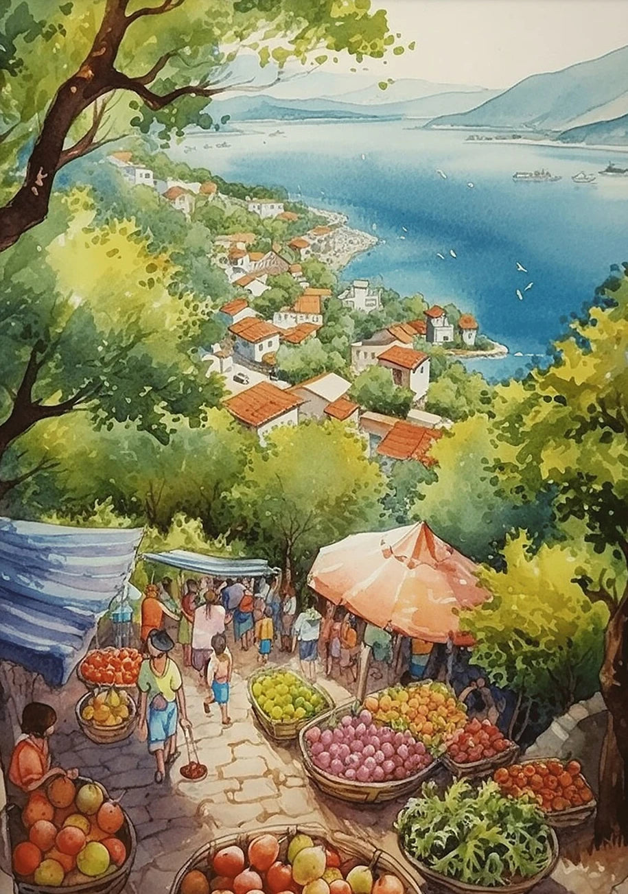 Vietnamese Village Canvas Wall Art – Vintage Watercolour Print Canvas Wall Art Qst 4 20x30cm Unframed