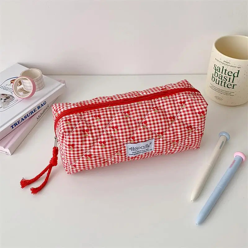 Cute Cherry Plaid Large Capacity Pencil Case & Stationery Bag Pencil Case Qme Red