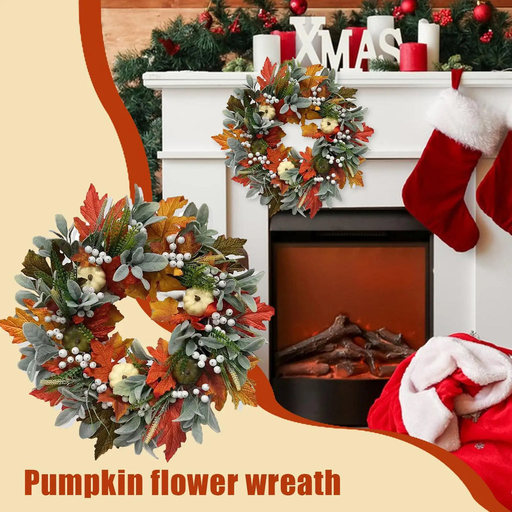 Halloween Harvest Wreath – Maple Leaves & Pumpkin | 18" Decor Seasonal Wreath Qme