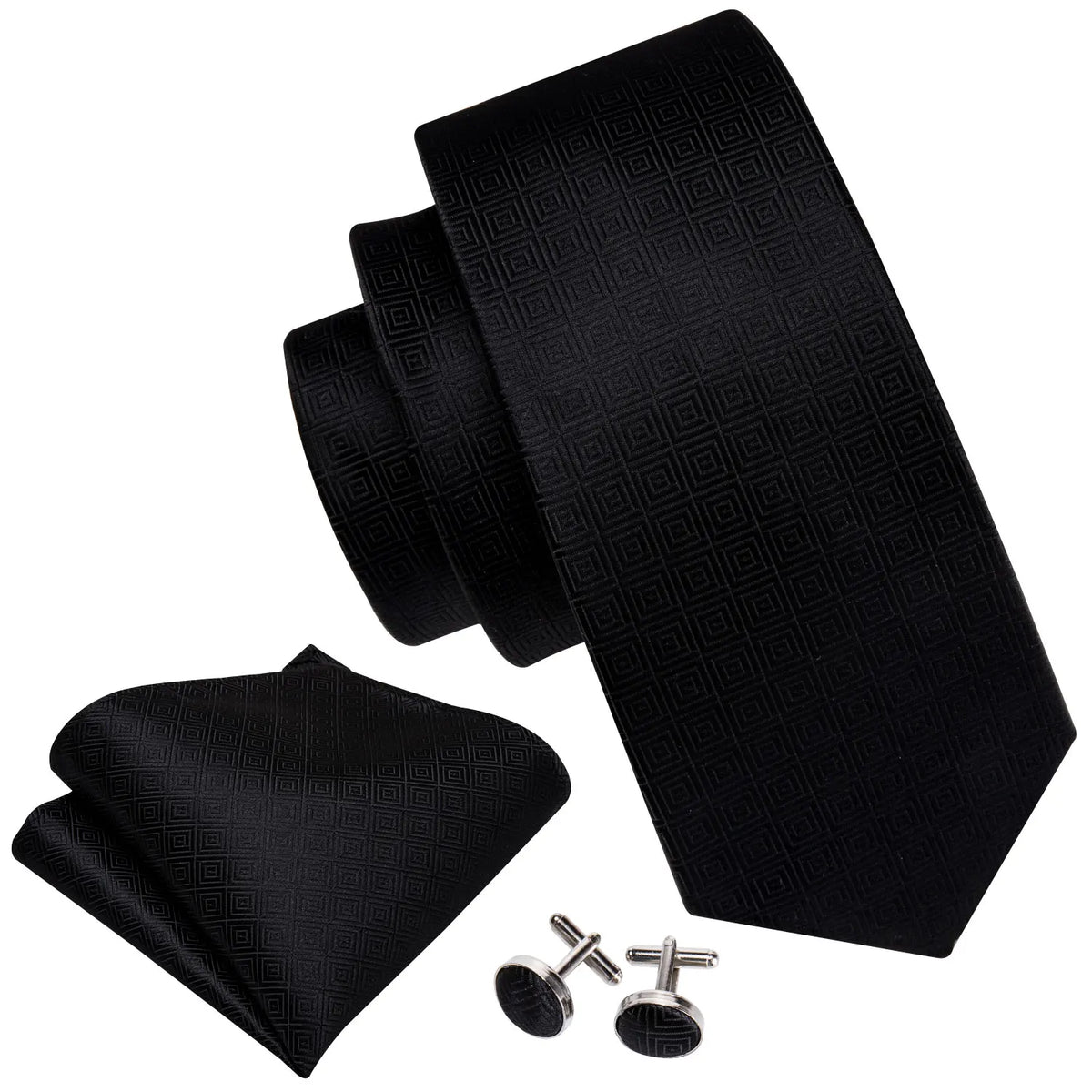 Barry Wang Black Geometric Silk Necktie & Handkerchief Set Necktie & Handkerchief Set Qme