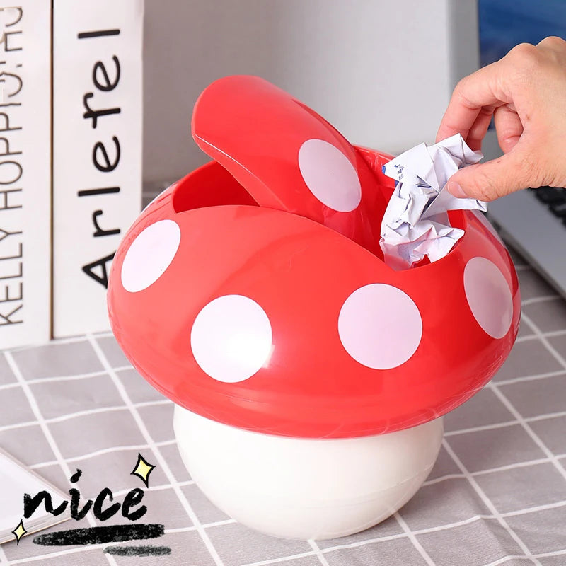 Red Mushroom Mini Desk Trash Can with Lid – Cute Waste Bin Mini Desk Trash Can Qst
