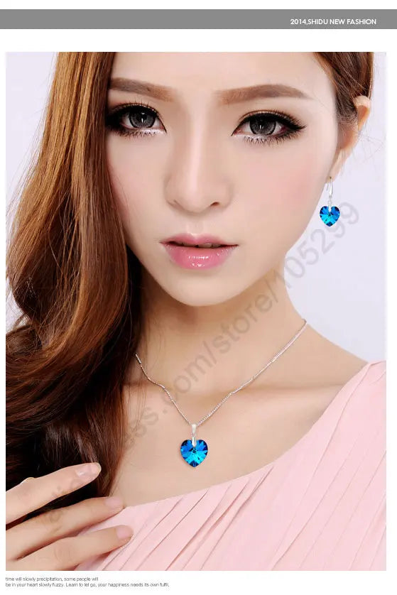 Blue Austrian Crystal 925 Sterling Silver Heart Pendant Set Crystal Jewelry Set Qme