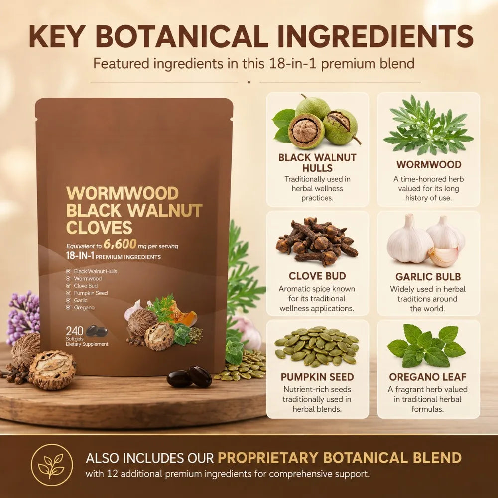 Wormwood Black Walnut Cloves 6600mg 18-in-1 Herbal Softgels 240ct Herbal Supplement Softgels Qst
