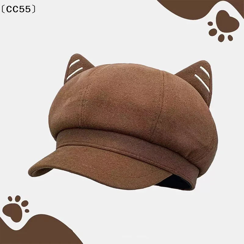 Women's Cat Ear Beret – Cute Woolen Duckbill Octagonal Hat Women's Fashion Beret Qst