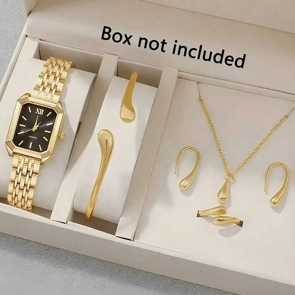 Golden Roman Square Watch & Water Drop Bracelet Set | Qme Watch & Bracelet Set Qme Gold
