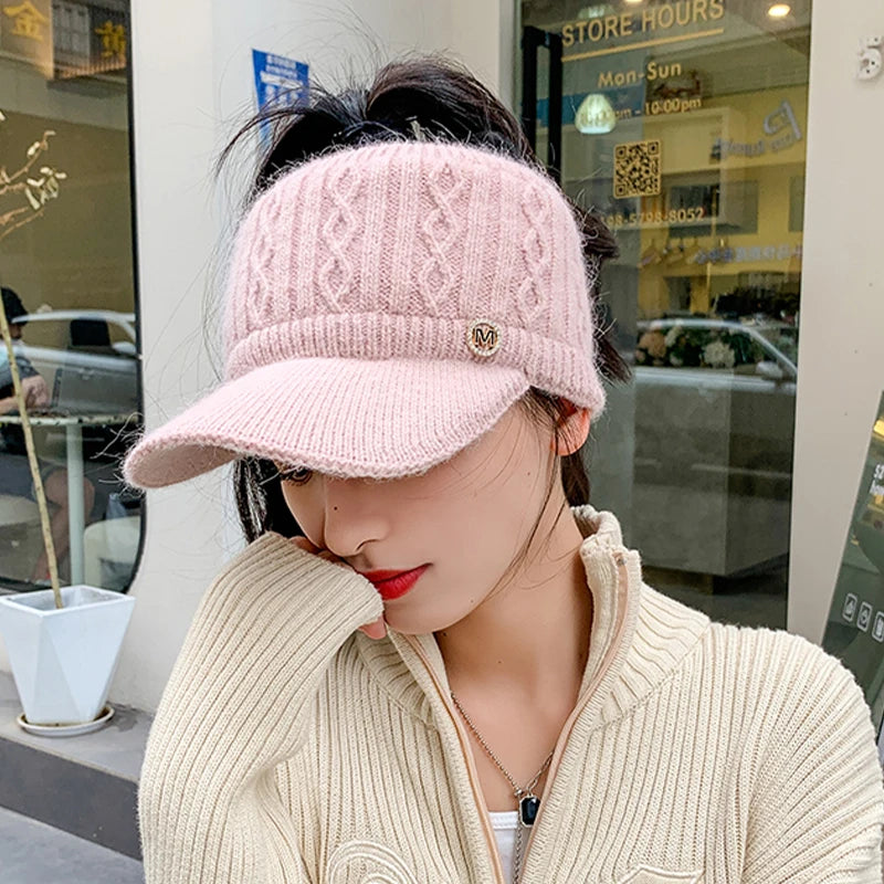 Women's Hollow Knit Top Hat – Warm Ear Protection Beanie Knitted Winter Hat Qst one size Pink