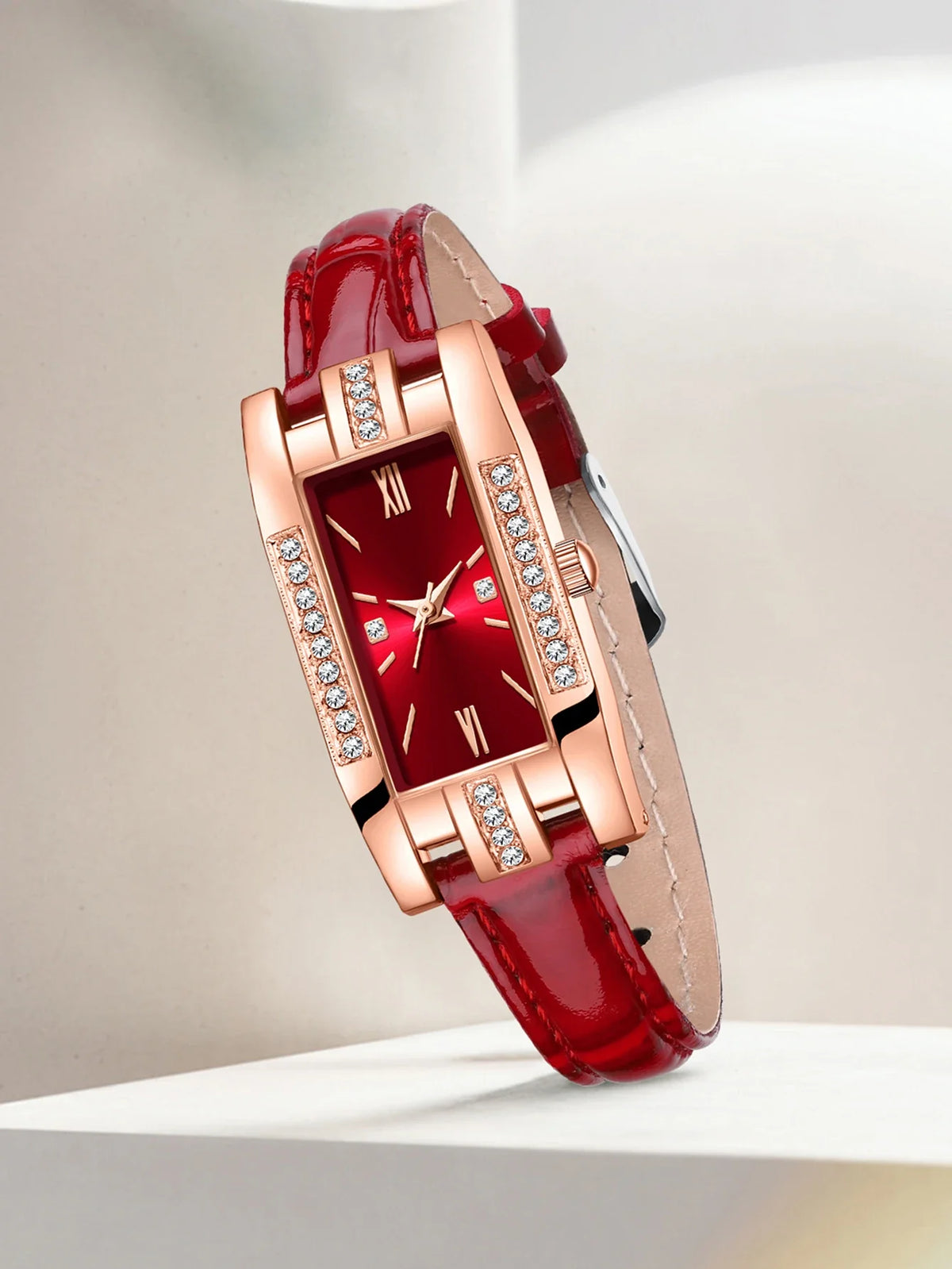 Rose Gold Diamond Encrusted Rectangular Women's Leather Watch Women's Fashion Watch Qme