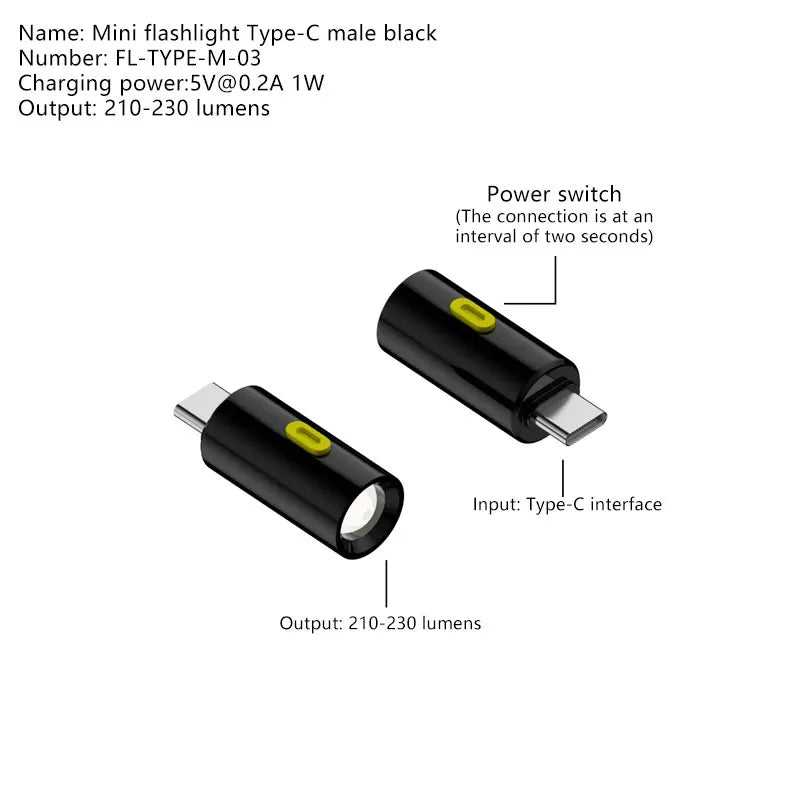 Type-C LED Mini Flashlight – Portable USB-C Pocket Torch LED Pocket Flashlight Qst Type C Male Black