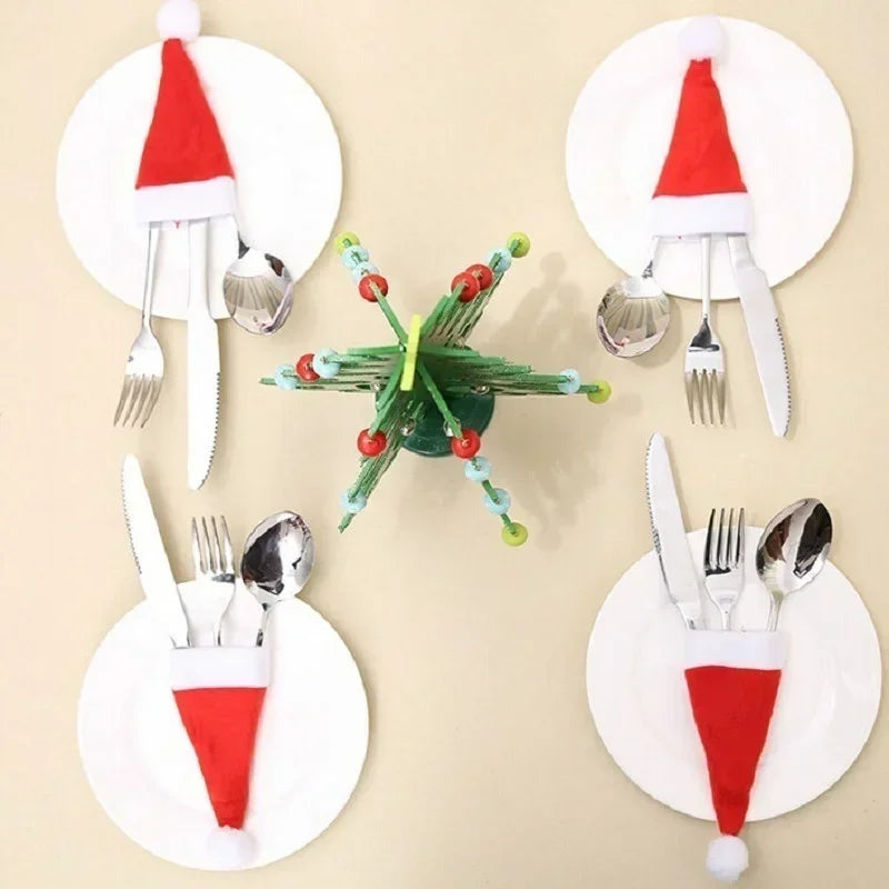 Christmas Cutlery Bag Holder Mini Santa Hat Fork & Knife Holiday Table Accessory Qme