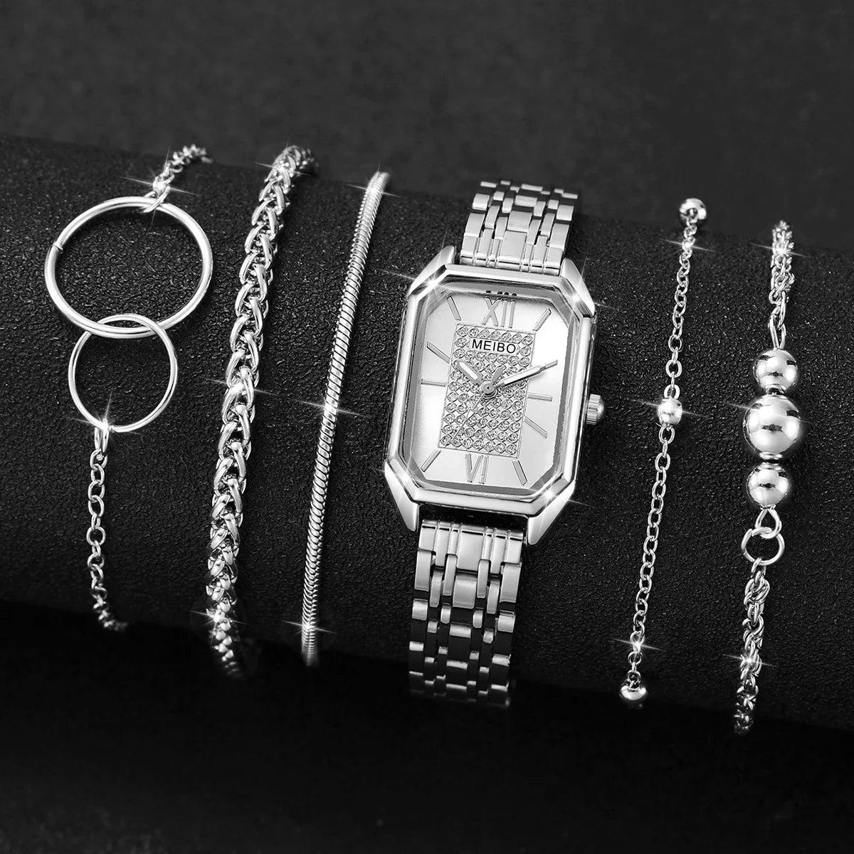 Women's Rectangle Dial Quartz Watch – Silver Steel Band Women's Fashion Watch Qme