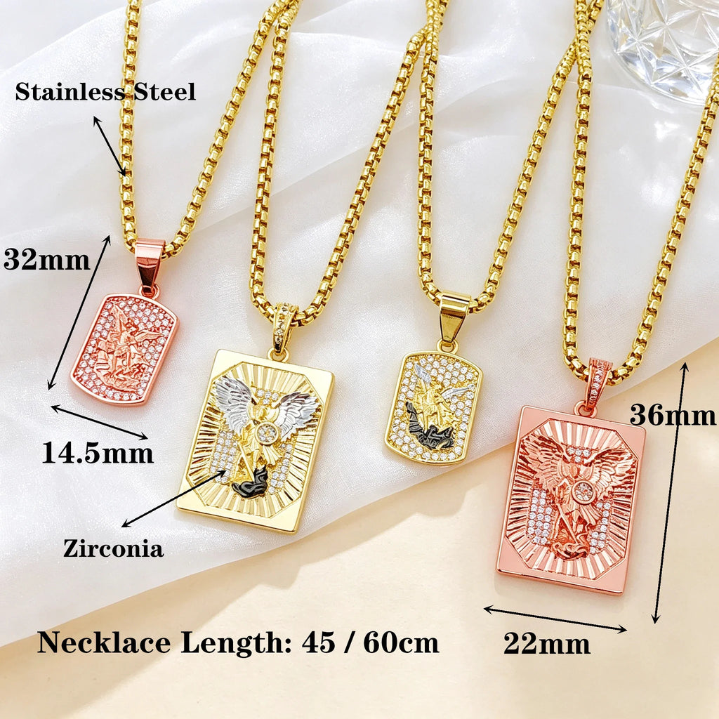 St. Michael Square Pendant Necklace | Gold Zircon Steel Religious Pendant Necklace Qme