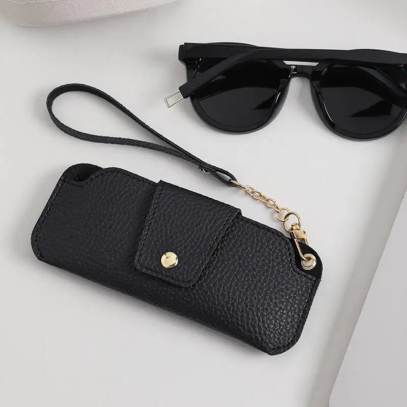 PU Leather Glasses Case with Wrist Strap – Travel Sunglasses Pouch Eyeglass Case Qst A5 Black