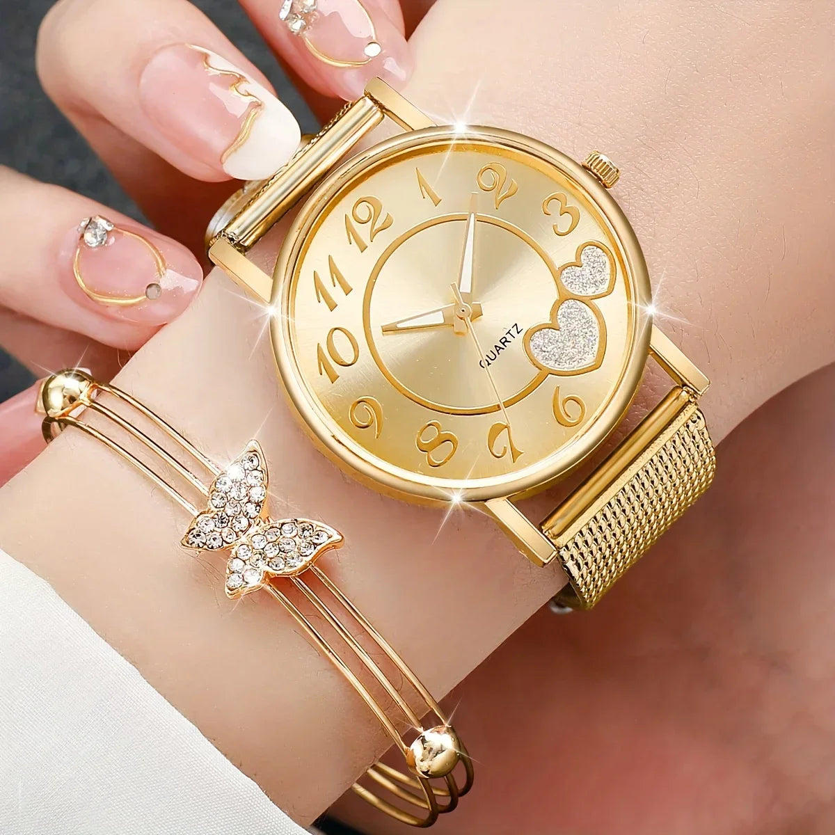 6-Piece Women's Heart Analog Watch & Butterfly Jewelry Set Fashion Watch Set Qme