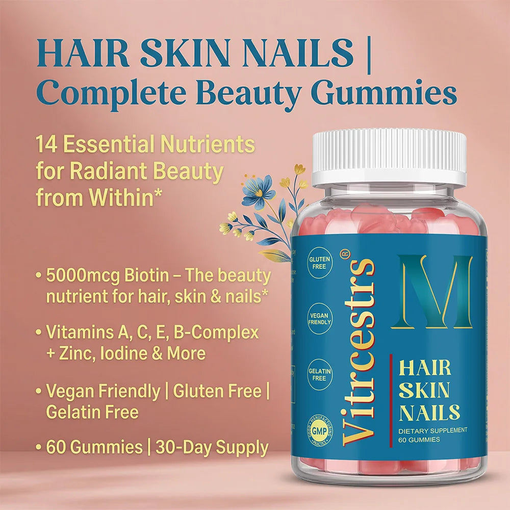 Hair Skin & Nails Gummies – Biotin, Vitamin C & E | STRESSXCEL Beauty Supplement Gummies Qst