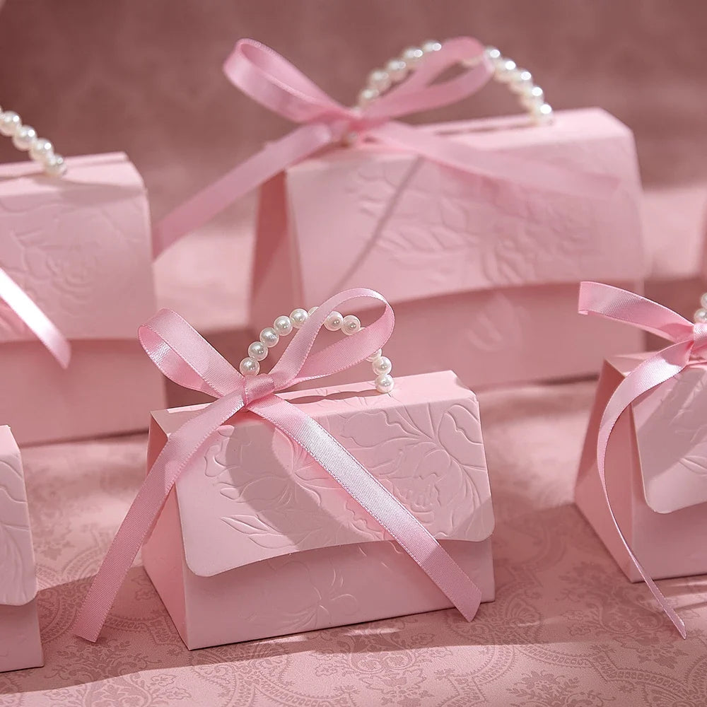 Pink 3D Flower Paper Gift Boxes with Pearl Handle – 10 Pcs Decorative Gift Box Qme