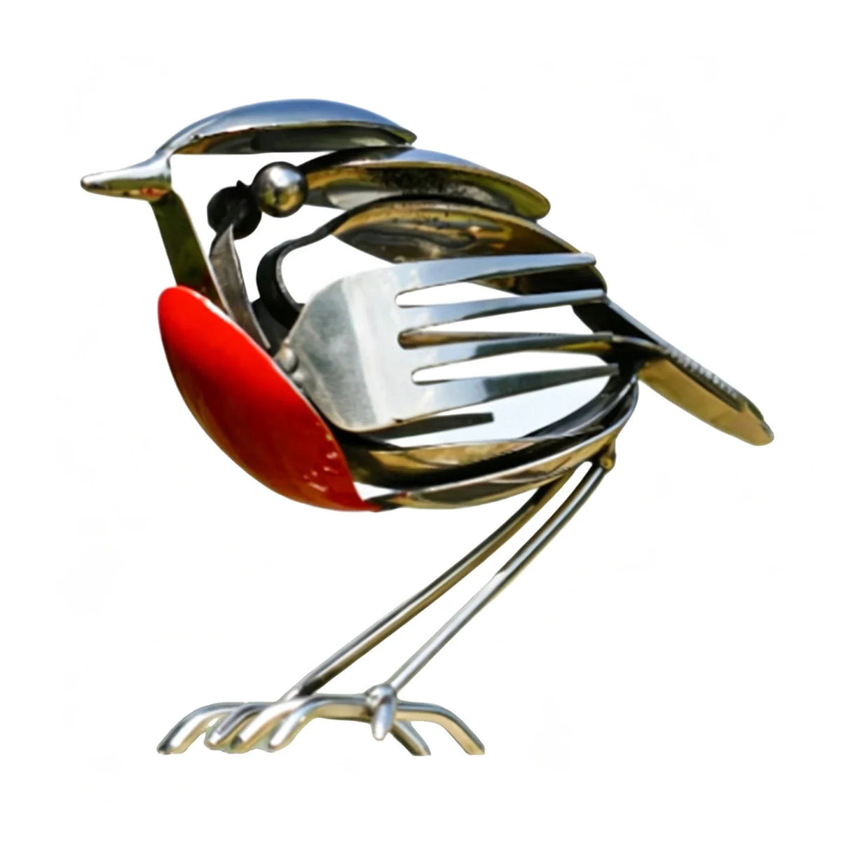 Handmade Robin Bird Statue – Recycled Fork & Spoon Rustic Figurine Bird Garden Statue Qme