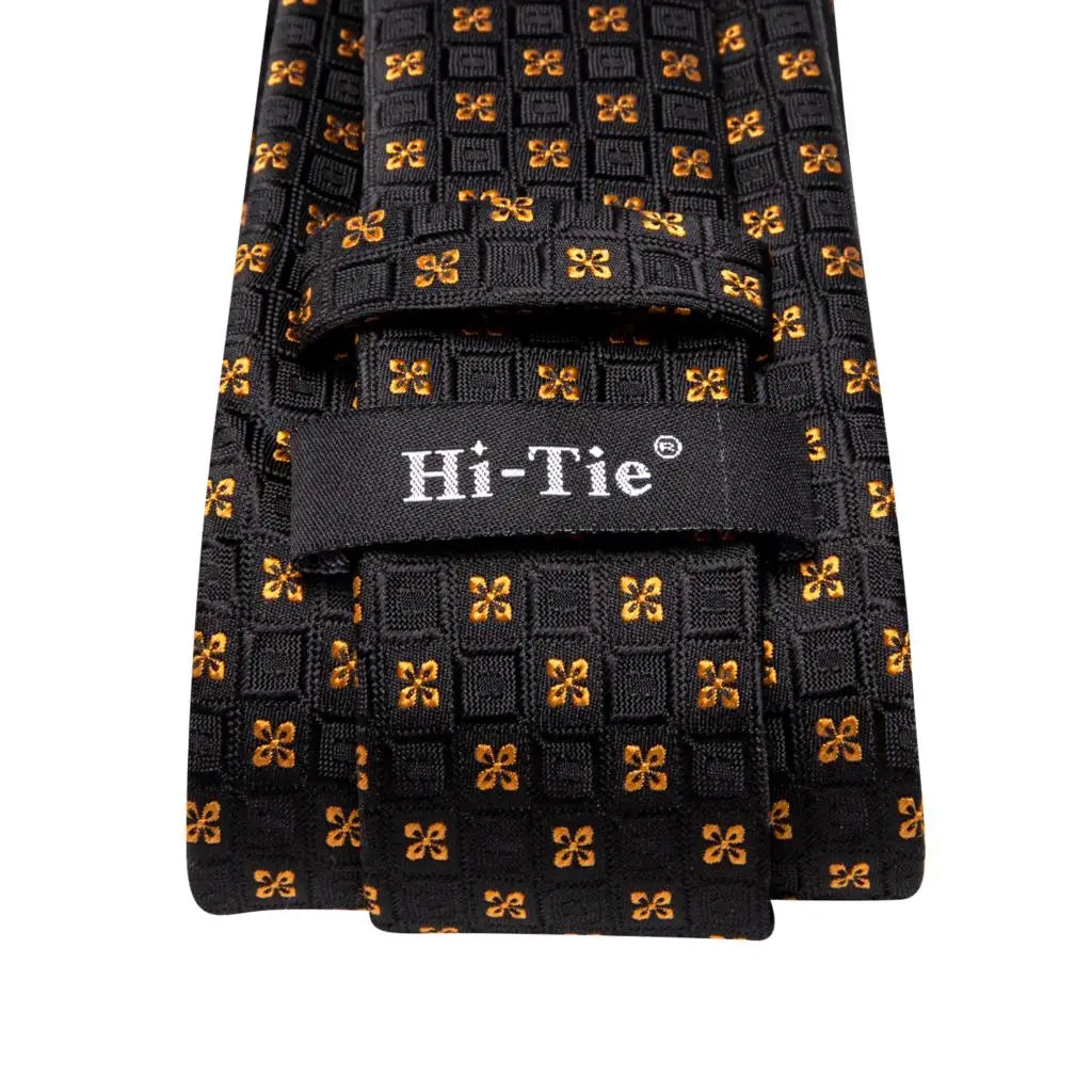 Hi-Tie 100% Silk Black Gold Jacquard Wedding Necktie Set Silk Necktie Set Qme