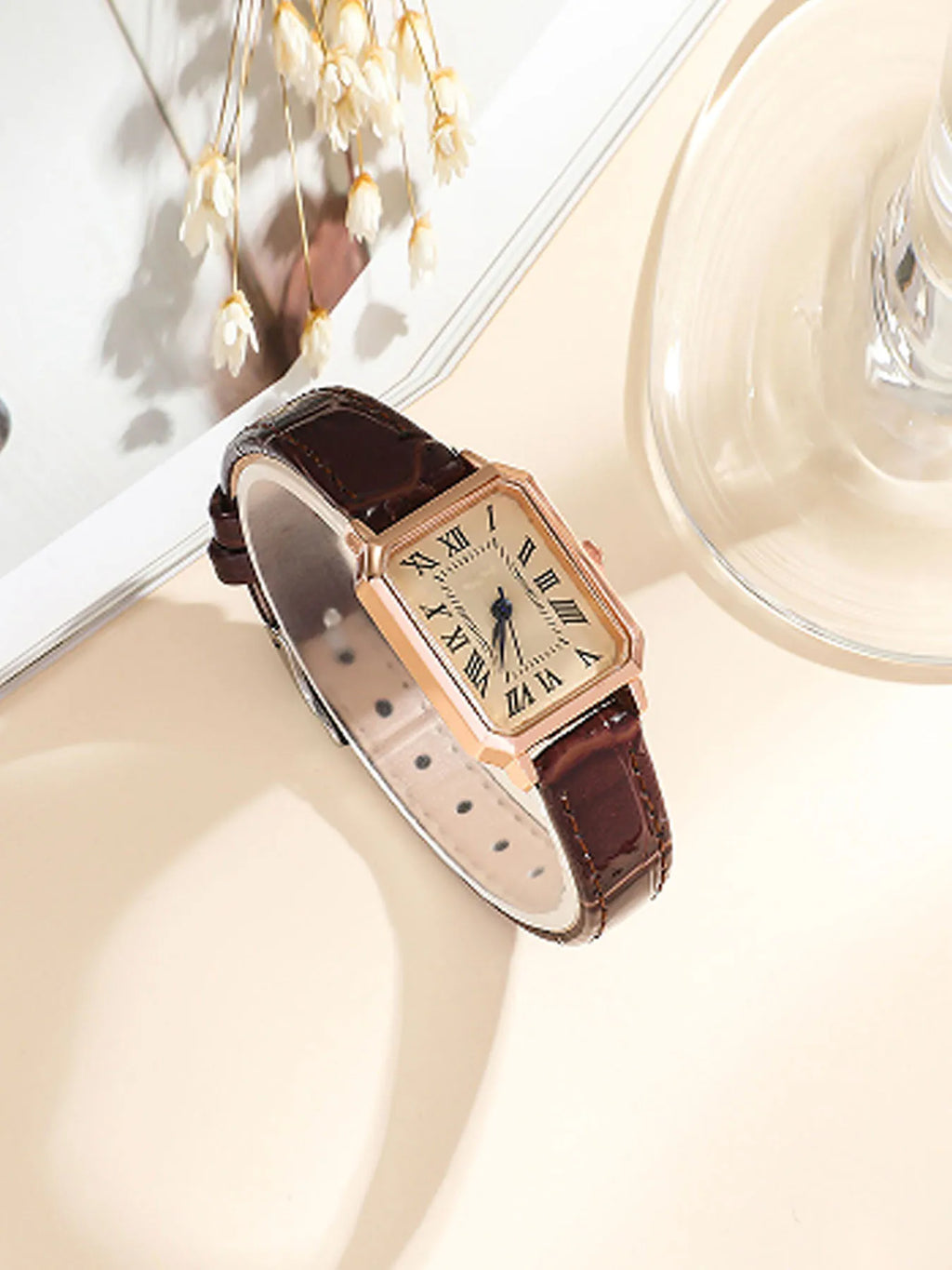 Women's Quartz Watch Leather Strap Square Dial Roman Numerals Women's Quartz Watch Qme
