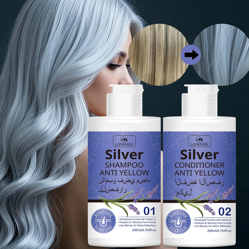 Silver Anti-Yellow Shampoo & Conditioner Set | Cool Blonde Tones Toning Hair Care Set Qst Color Protecting