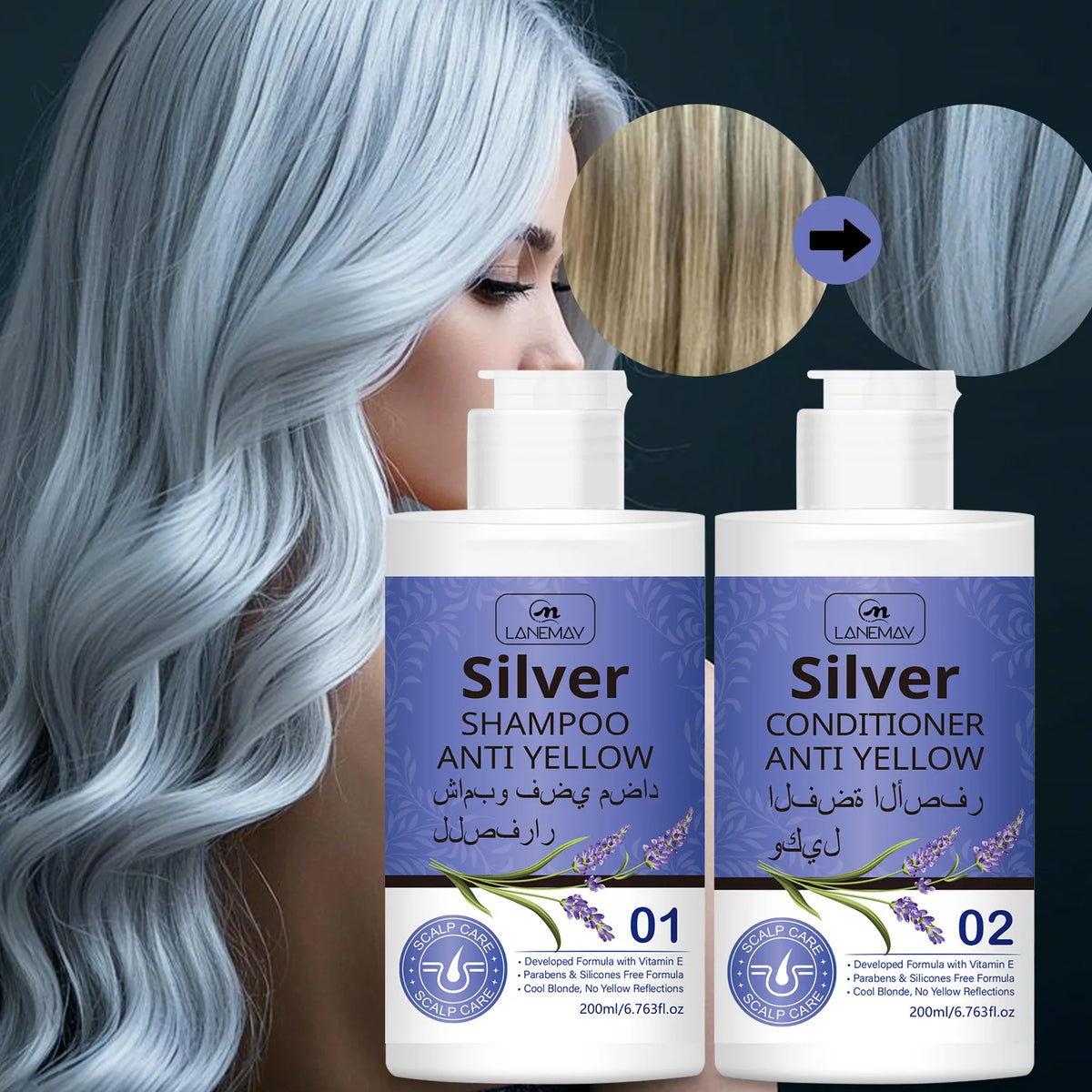Silver Anti-Yellow Shampoo & Conditioner Set | Cool Blonde Tones Toning Hair Care Set Qst Color Protecting
