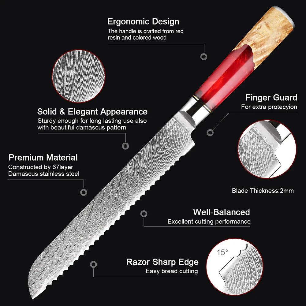 XITUO 8-Inch Damascus Steel Serrated Bread Knife | Ergonomic Serrated Bread Knife Qst