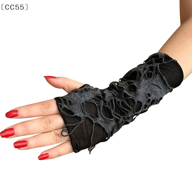 Distressed Black Fingerless Gloves – Gothic Punk Cosplay Fingerless Gloves Qst
