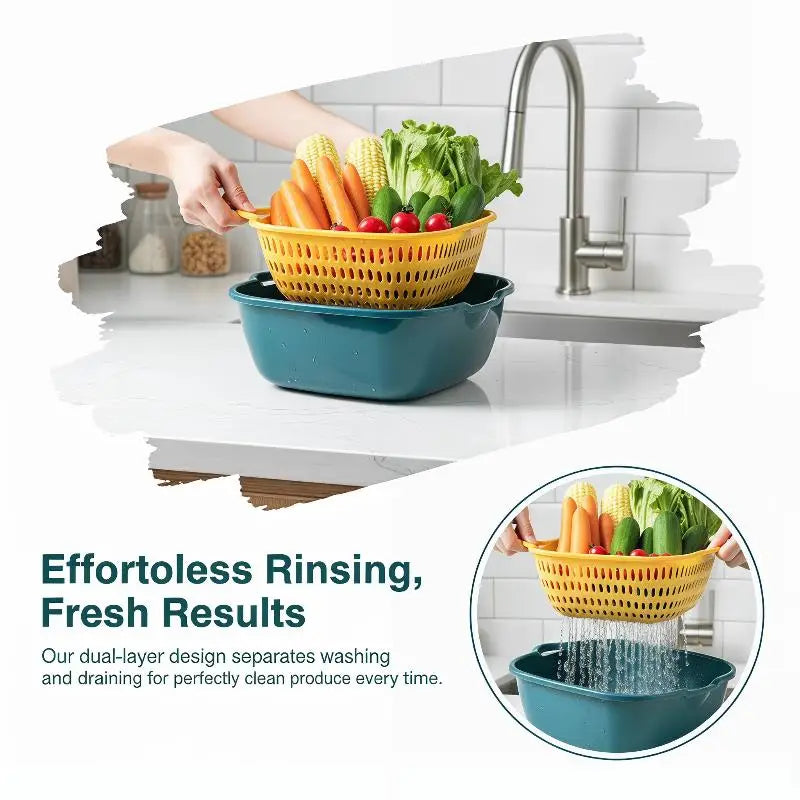 Double-Layer Fruit & Vegetable Drain Basket | Plastic Green Yellow Produce Drain Basket Qme