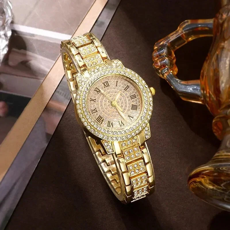Women's Gold Rhinestone Watch Ring Necklace Earrings Set Jewelry & Watch Set Qme