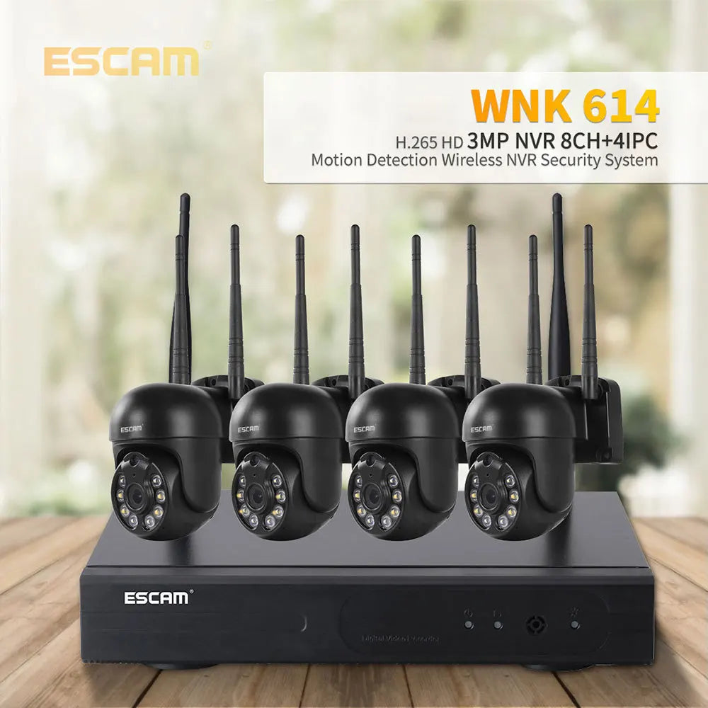 ESCAM 3MP HD Wireless CCTV PTZ System | 8CH NVR & Night Vision Wireless CCTV System Qme