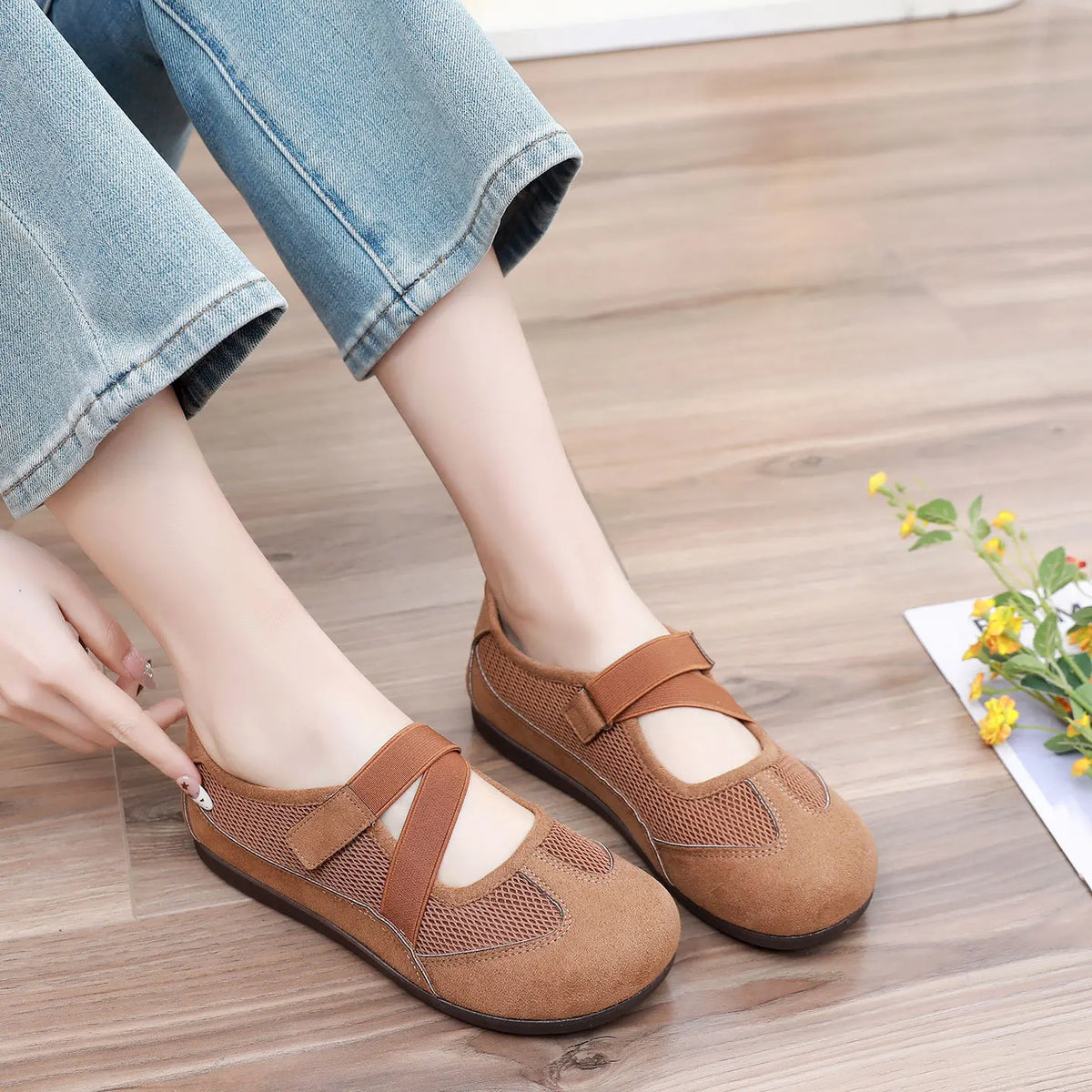 Women's Mary Jane Flats – Breathable Canvas Non-Slip Walking Shoes Women's Flat Shoes Qst Dark brown 35