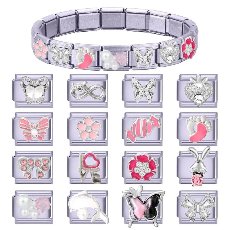 Zircon Bow Butterfly Rabbit Italian Charm Links DIY Bracelet Italian Charm Links Qme