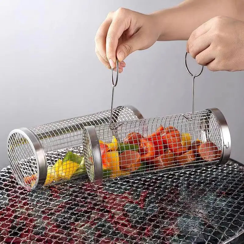 Round Stainless Steel BBQ Grill Basket – Camping & Outdoor BBQ Grill Basket Qst
